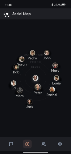 Social Map screen showing contacts in a constellation view.